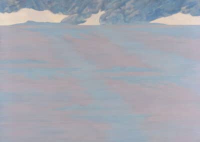 Arcipelago Canto XV: il dipinto di Carlo Battaglia rappresenta un paesaggio marino nuvoloso e grigio, con due isole sull'orizzonte.